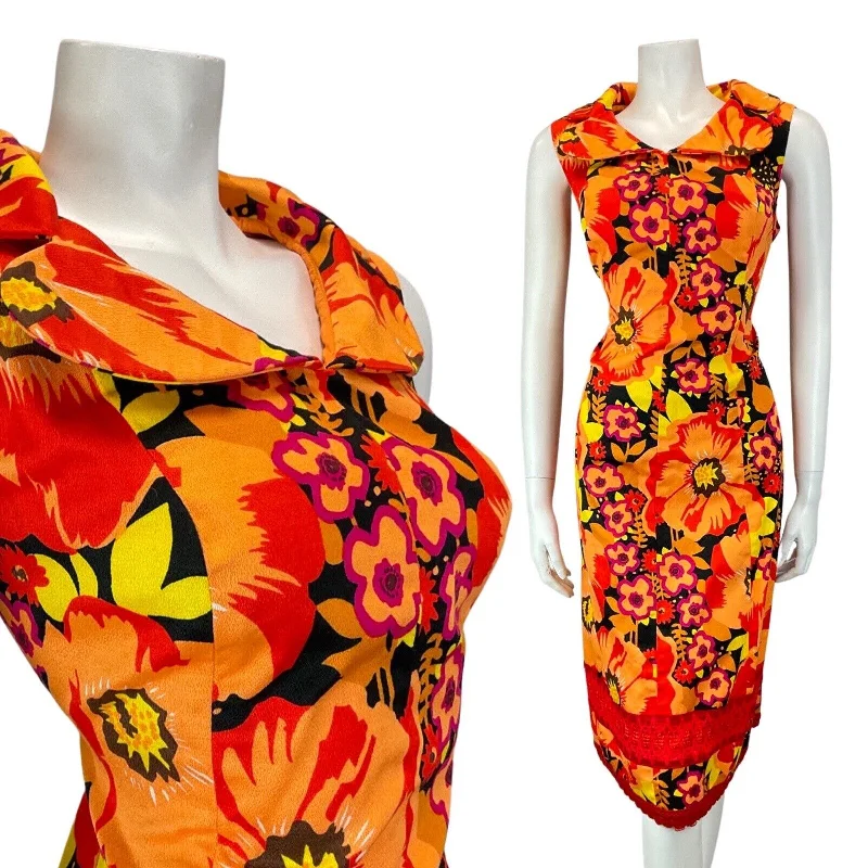 Exclusive Deal VTG 60s 70s ORANGE RED BLACK PSYCHEDELIC FLORAL CLOVER COLLAR MOD DRESS 12 14