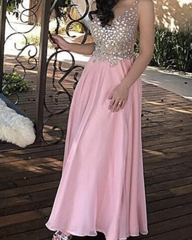 Epic Deals Beaded V Neck Split Chiffon Prom Dresses Open Back