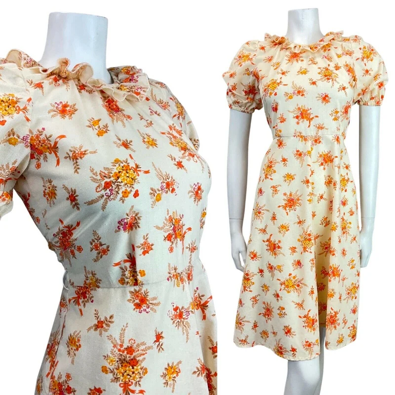 Price Drop VINTAGE 60s 70s CREAM ORANGE BEIGE FLORAL BOUQUET RUFFLED BOHO SWING DRESS 8 10 Price Drop VINTAGE 60s 70s CREAM ORANGE BEIGE FLORAL BOUQUET RUFFLED BOHO SWING DRESS 8 10