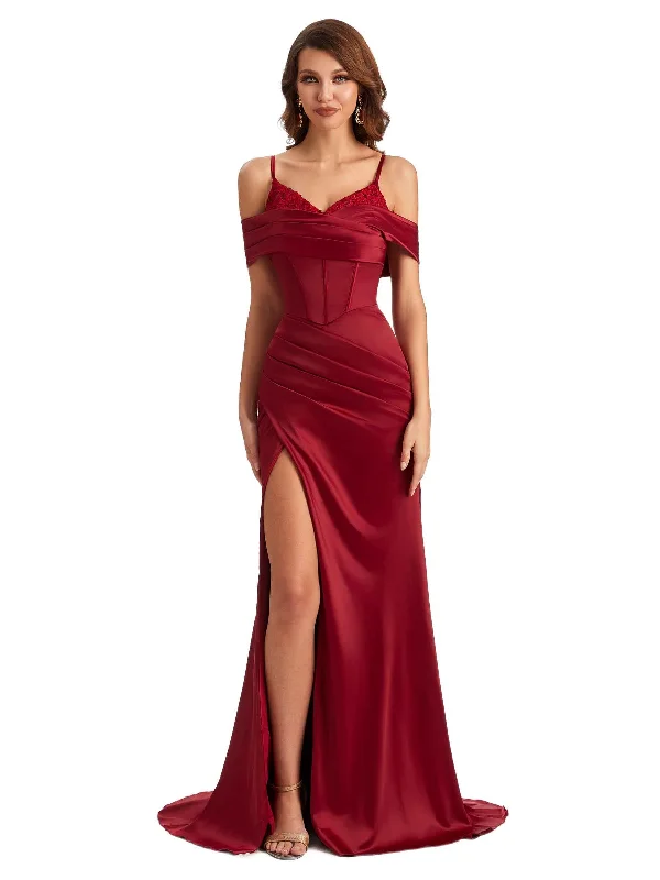 Buy More, Save More Sexy Side Slit Mermaid Silky Satin V-neck Cold Shoulder Unique Nice Wedding Guest Dresses