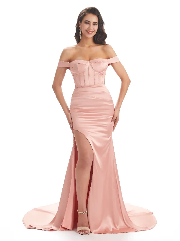 Price Reduction Unique Side Slit Soft Satin Off Shoulder Long Mermaid Bridesmaid Dresses Online Price Reduction Unique Side Slit Soft Satin Off Shoulder Long Mermaid Bridesmaid Dresses Online