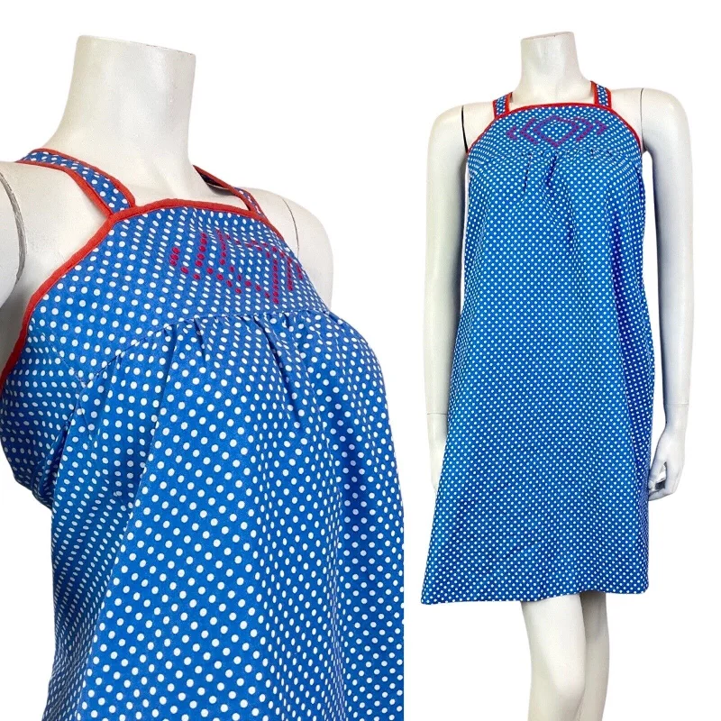 Price Rollback VINTAGE 60s BLUE WHITE RED POLKA-DOT MOD EMPIRE LINE TENT DRESS 4