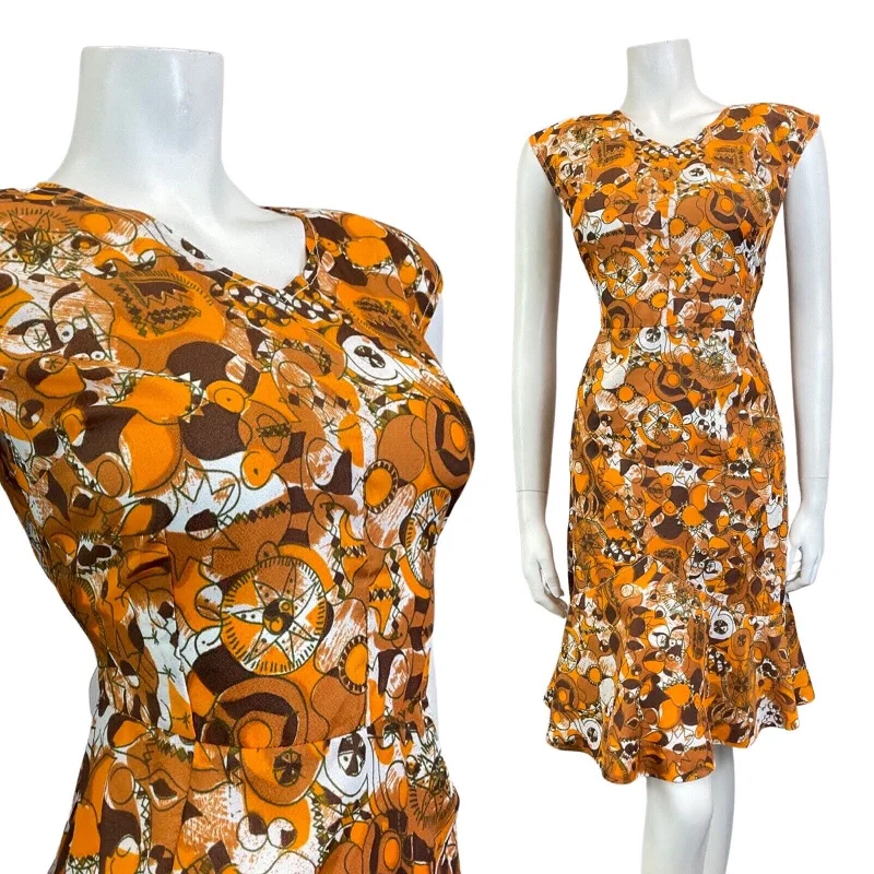 Blowout Sale VINTAGE 60s 70s ORANGE BROWN WHITE PSYCHEDELIC ABSTRACT SLEEVELESS DRESS 10 12 Blowout Sale VINTAGE 60s 70s ORANGE BROWN WHITE PSYCHEDELIC ABSTRACT SLEEVELESS DRESS 10 12