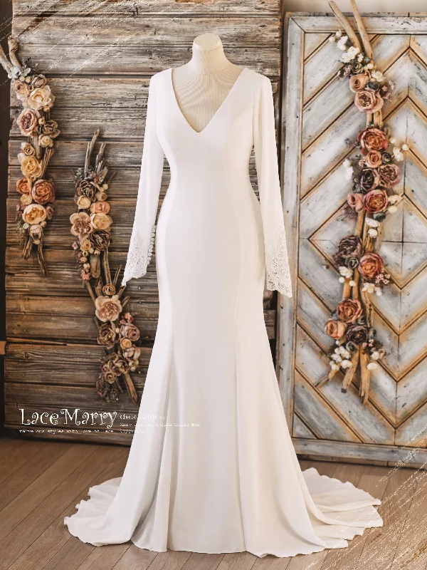 Final Sale VANESSA / Plain Wedding Dress with Long Sleeves and Illusion Back