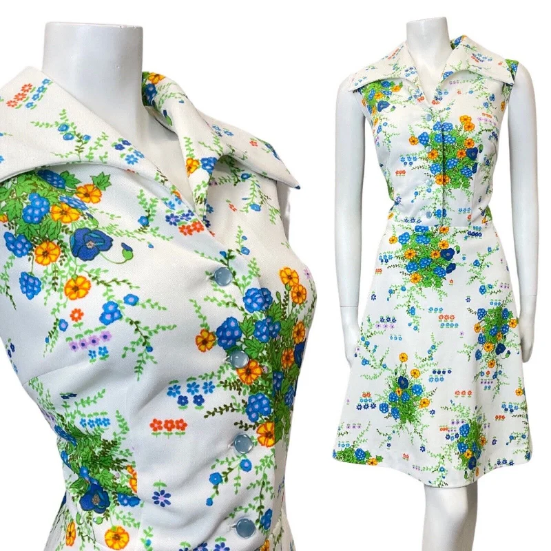 Bargain Prices VINTAGE 60s 70s WHITE GREEN BLUE FLORAL BOUQUET SLEEVELESS SWING DRESS 16 18 Bargain Prices VINTAGE 60s 70s WHITE GREEN BLUE FLORAL BOUQUET SLEEVELESS SWING DRESS 16 18
