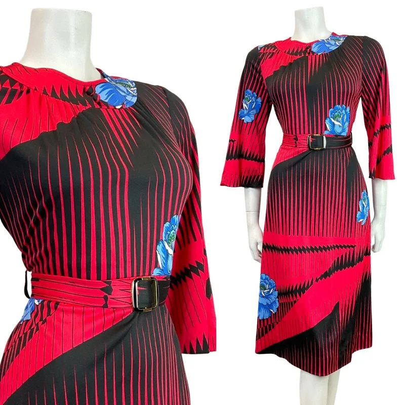 Special Savings VINTAGE 60s 70s RED BLACK BLUE STRIPED ROSE BELTED SWING DRESS 10 12 Special Savings VINTAGE 60s 70s RED BLACK BLUE STRIPED ROSE BELTED SWING DRESS 10 12