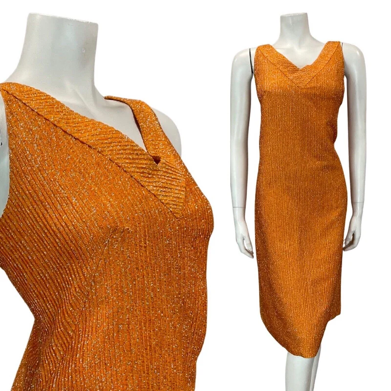 Online Only VINTAGE 60s 70s BURNT ORANGE SILVER LUREX V-NECK PARTY SLEEVELESS DRESS 12 14 Online Only VINTAGE 60s 70s BURNT ORANGE SILVER LUREX V-NECK PARTY SLEEVELESS DRESS 12 14