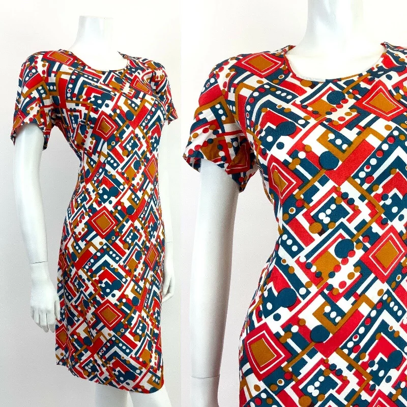 Deal of the Day VINTAGE 60s 70s WHITE BLUE RED BRONZE GEOMETRIC DOTTY MOD DRESS 12 14