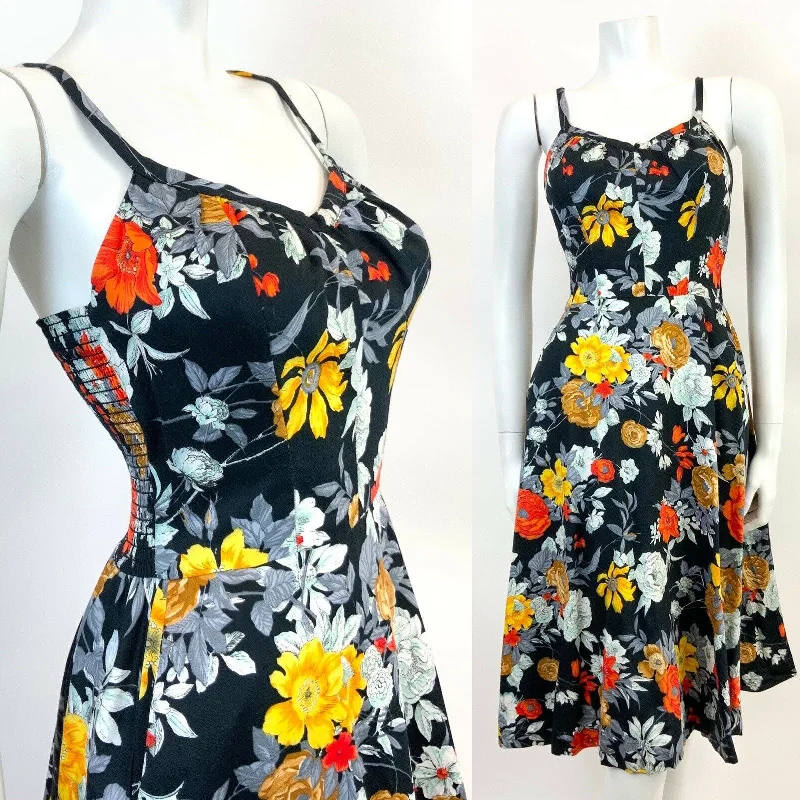 Online Specials VTG 60s 70s BLACK GREY RED YELLOW FLORAL STRAPPY SUMMER SUN-DRESS 8 10