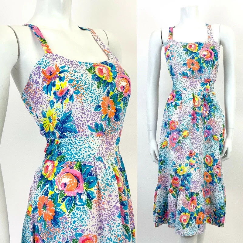 Limited Time VTG 60s 70s WHITE BLUE PINK PURPLE FLORAL POINTILLISM PSYCHEDELIC SUN DRESS 8 10