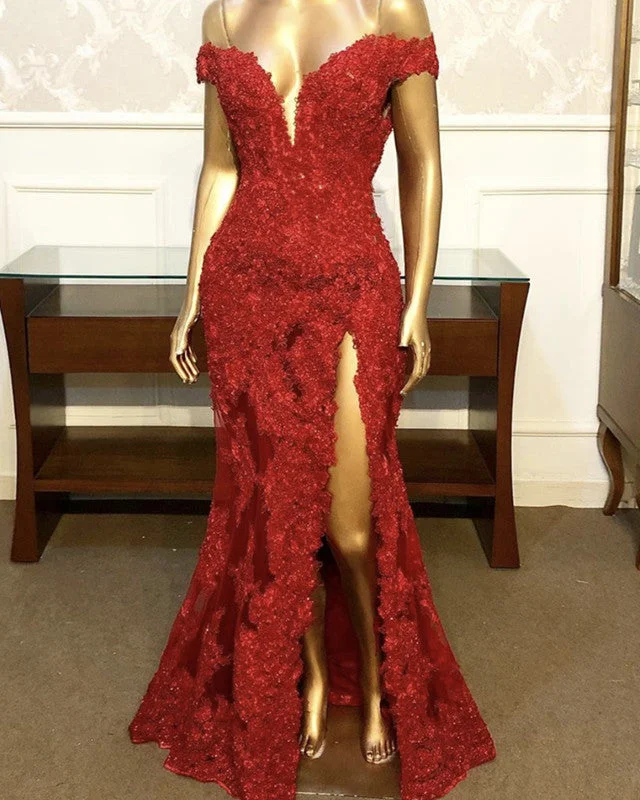 Shop and Save Elegant Lace Mermaid Split Dresses Off Shoulder
