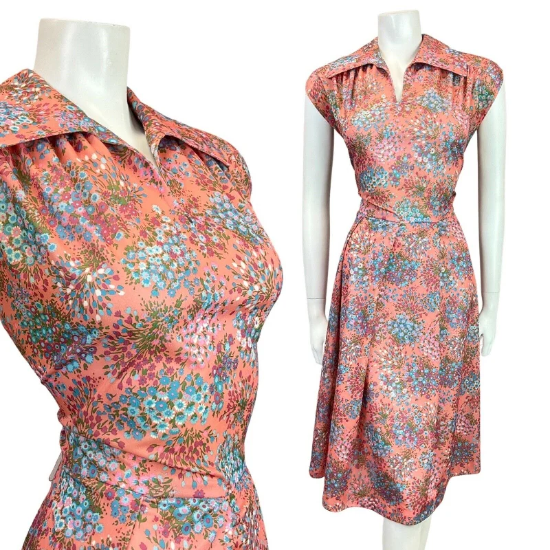 Markdown Madness VINTAGE 60s PEACH BLUE PURPLE FLORAL BOUQUET DITSY WING COLLAR TEA DRESS 10 12