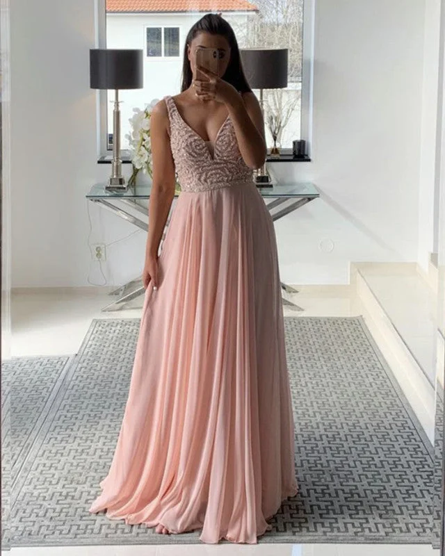 Price Cut Long Chiffon Prom Dresses Plunge Neck With Sequins Beaded