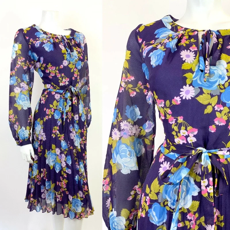 Special Buy VINTAGE 60s 70s PURPLE BLUE PINK FLORAL ROSE PLEATED BOHO FOLK SHEER DRESS 12 14