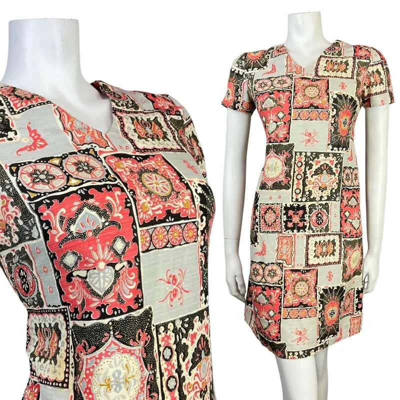Price Rollback VINTAGE 60s 70s GREY BLACK RED PATCHWORK PSYCHEDELIC PAISLEY FLORAL MOD DRESS 10 Price Rollback VINTAGE 60s 70s GREY BLACK RED PATCHWORK PSYCHEDELIC PAISLEY FLORAL MOD DRESS 10