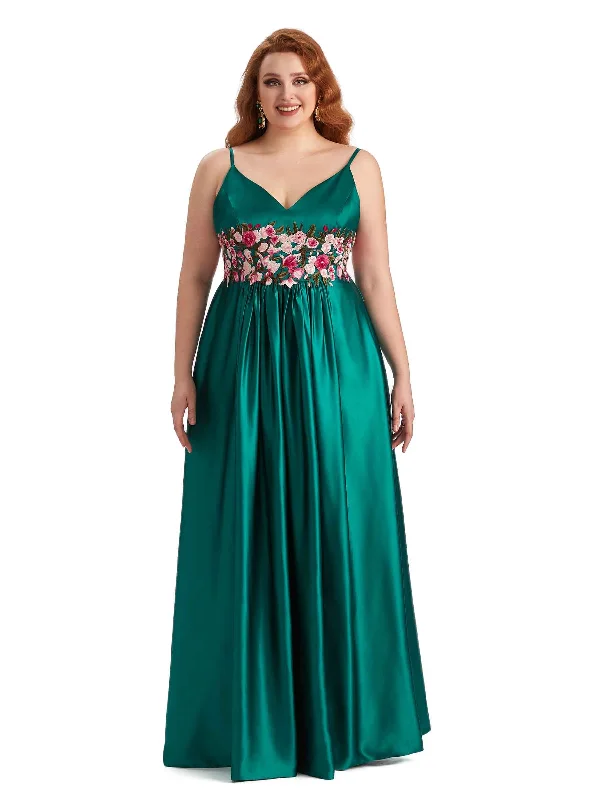 Early Bird Discount Unique Lace Spaghetti Straps Soft Satin Long Plus Size Bridesmaid Dress For Wedding