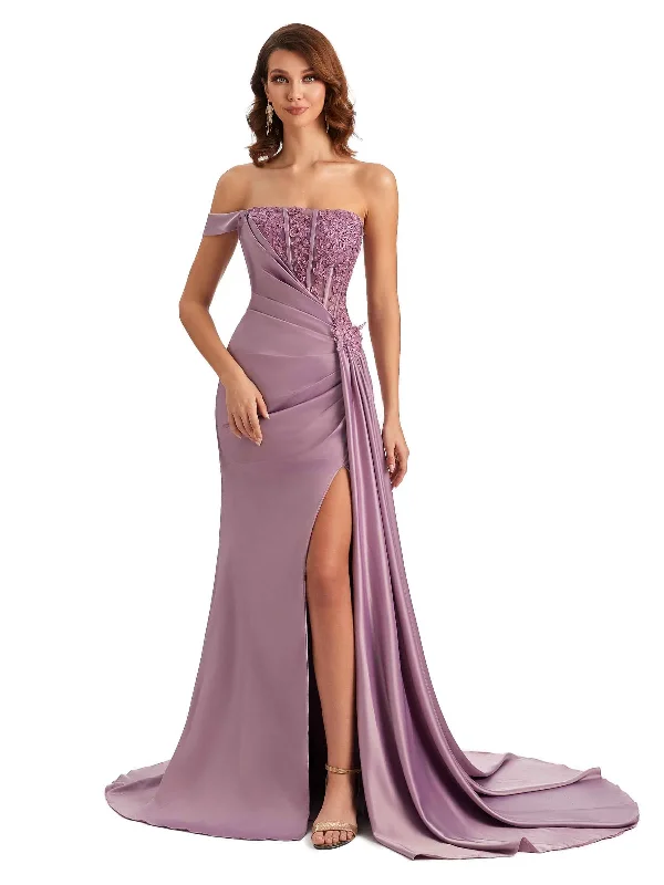 YEAR-End Clearance Sexy One Shoulder Lace Side Slit Mermaid Silky Satin Unique Long Bridesmaid Dresses