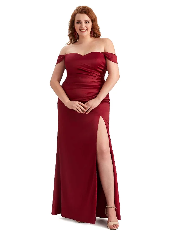 Price Reduction Plus Size Sexy Off The Shoulder Side Slit Mermaid Soft Satin Long Bridesmaid Dresses