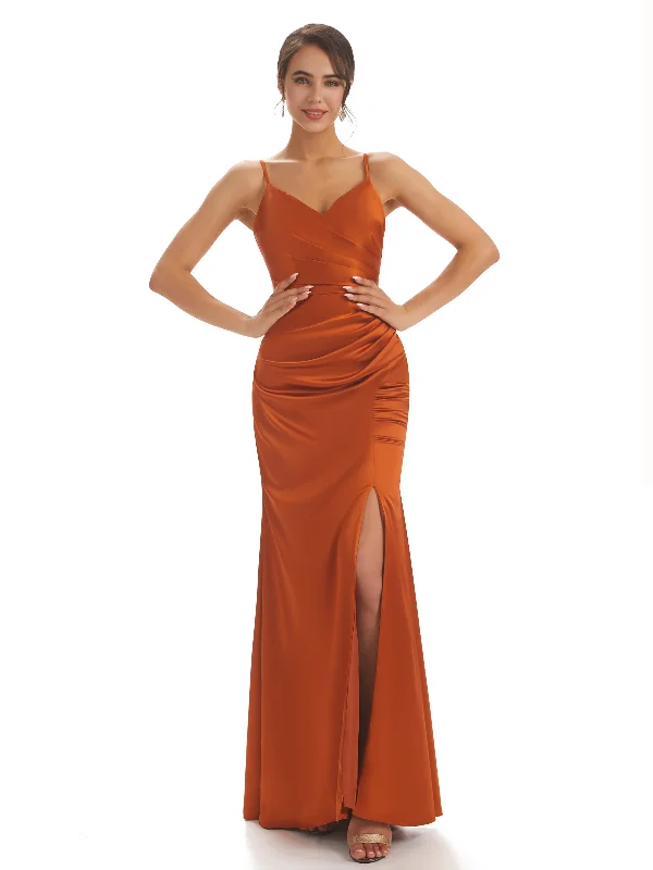 Referral Discount Sexy Spaghetti Straps Soft Satin Pleats Side Slit Mermaid Long Bridesmaid Dresses Referral Discount Sexy Spaghetti Straps Soft Satin Pleats Side Slit Mermaid Long Bridesmaid Dresses