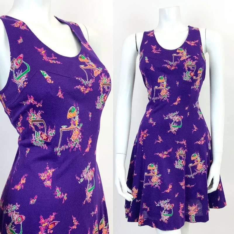 Exclusive Deal VINTAGE 60s 70s PURPLE ORANGE GREEN FLORAL SLEEVELESS SWING MINI DRESS 10 12