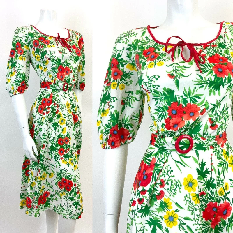 Super Deal VINTAGE 60s 70s WHITE GREEN RED YELLOW FLORAL GARDEN PARTY BLOUSON DRESS 10