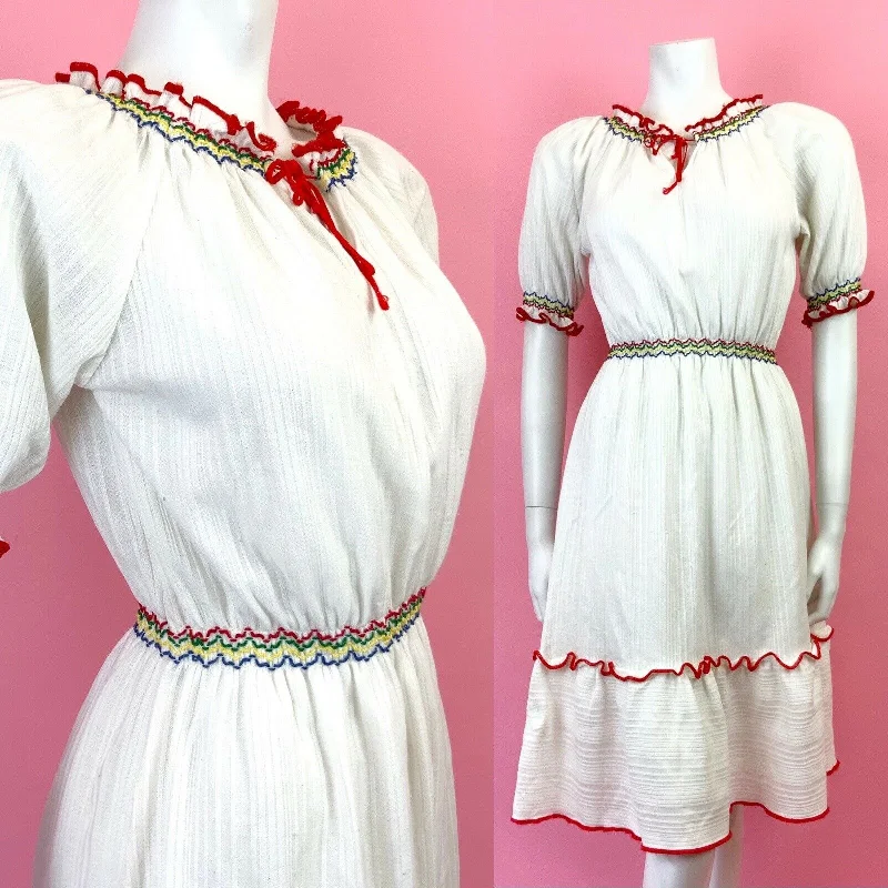 Best Bargains VINTAGE 60s 70s WHITE RED BLUE GREEN RUFFLE PRAIRIE BOHO DRESS 8 10