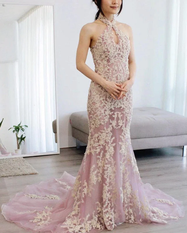 Mega Sale Halter Neck Mermaid Lace Prom Dresses Open Back