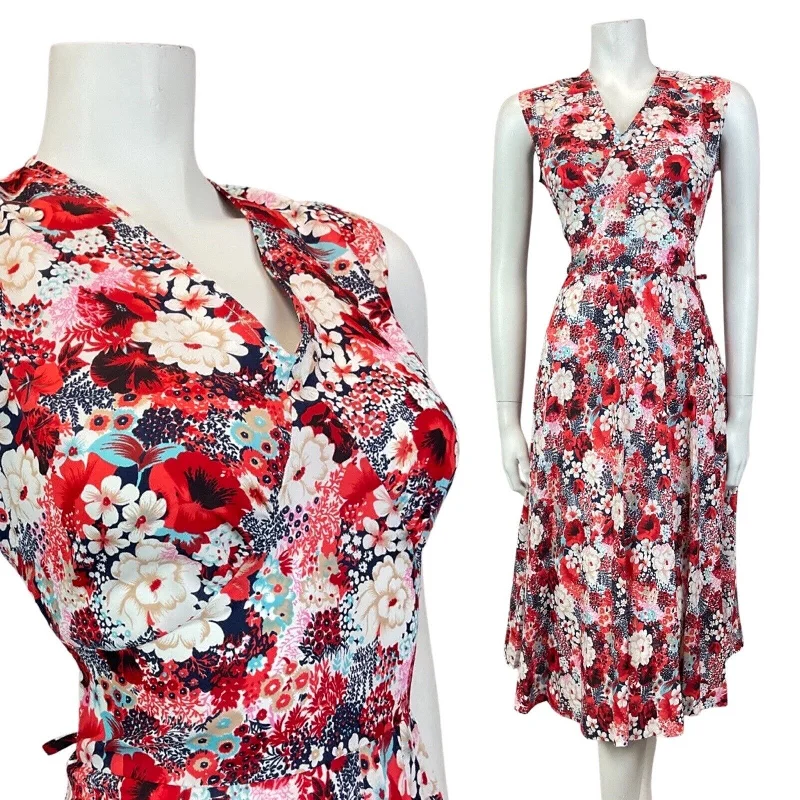 Buy More, Save More VINTAGE 60s 70s RED BLUE WHITE FLORAL DITSY SLEEVELESS SUMMER SWING DRESS 14 Buy More, Save More VINTAGE 60s 70s RED BLUE WHITE FLORAL DITSY SLEEVELESS SUMMER SWING DRESS 14