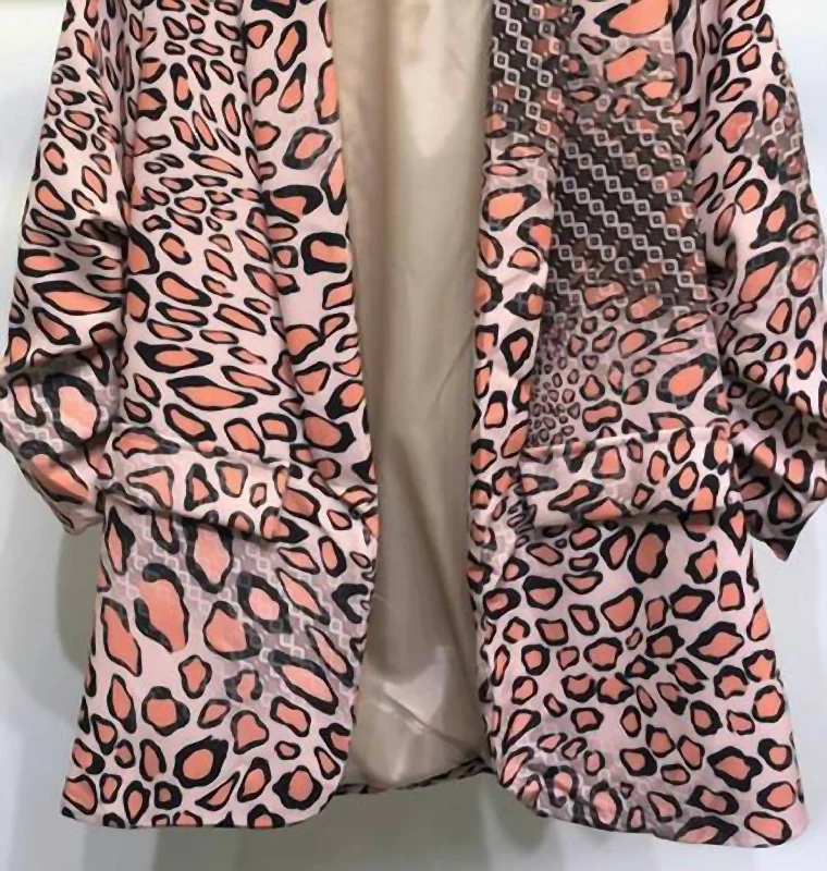 Weekend Deal Abstract Leopard Print Ruched Sleeve Blazer In Cameo Rose