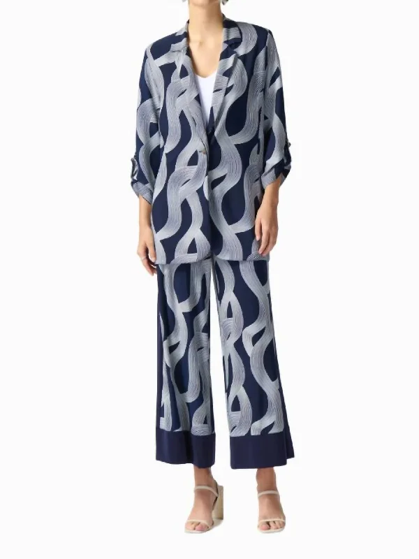 Year-End Sale Abstract Print Boxy Blazer In Midnight Blue/vanilla