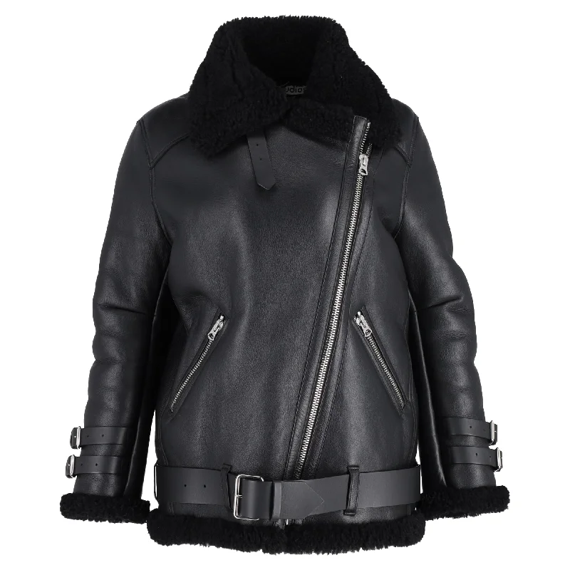 Steals and Deals Acne Studios Velocite Belted Zip-Up Biker Jacket in Black Leather