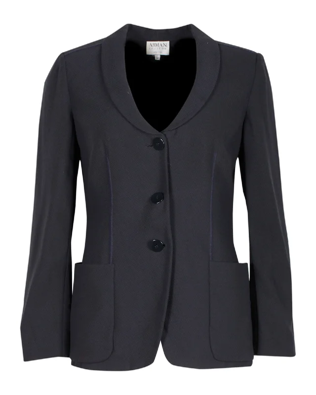 Armani Collezioni Single-Breasted Blazer in Navy Blue Wool