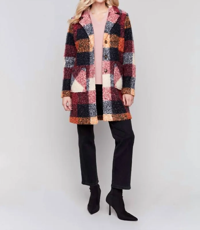 Weekend Deal Boucle Plaid Knit Coat In Cabernet