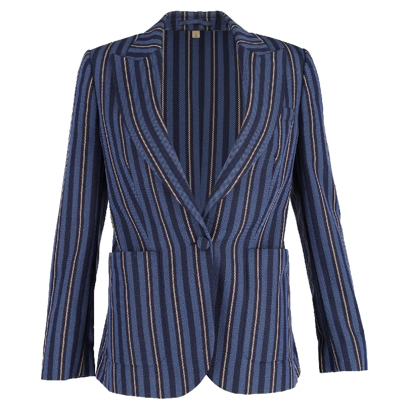 Price Rollback Burberry Single-Breasted Weaved-Stripe Blazer in Navy Blue Wool