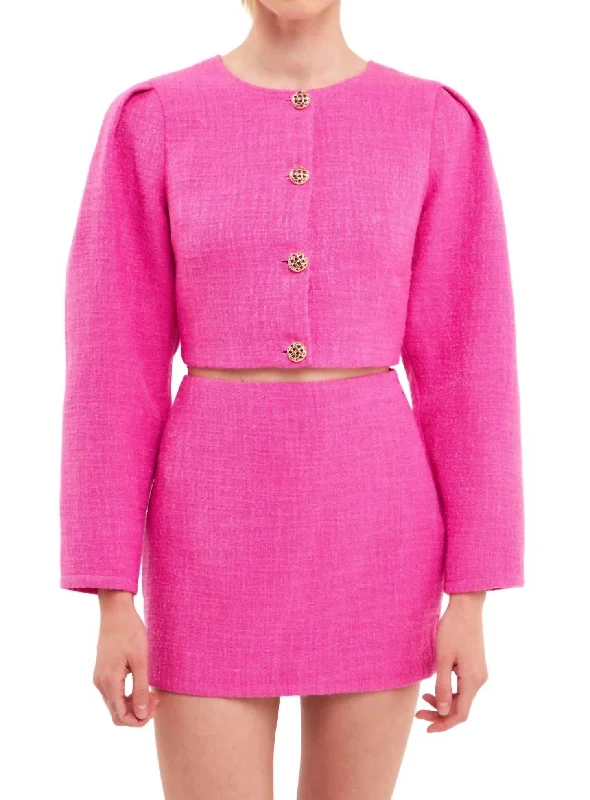 New Arrival Crop Tweed Jacket In Hot Pink