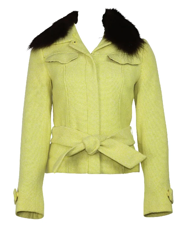 Markdown Madness Dolce & Gabbana Tweed Belted Jacket with Detachable Fur in Yellow Wool