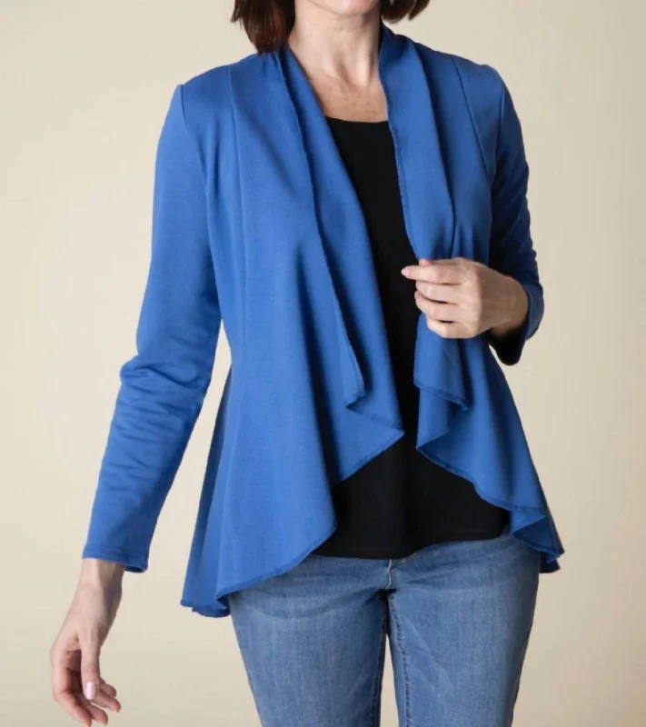 Drape Front French Terry Jacket In Denim Blue