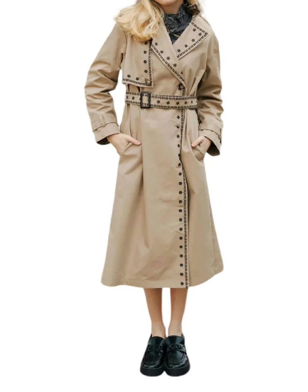 Embroidered Trench Coat In Beige