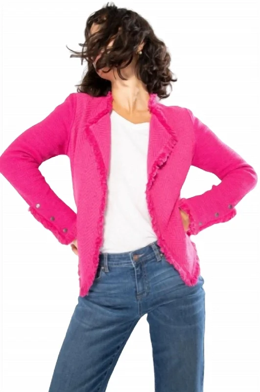 Special Promotion Fringe Mix Knit Jacket In Charged Pink