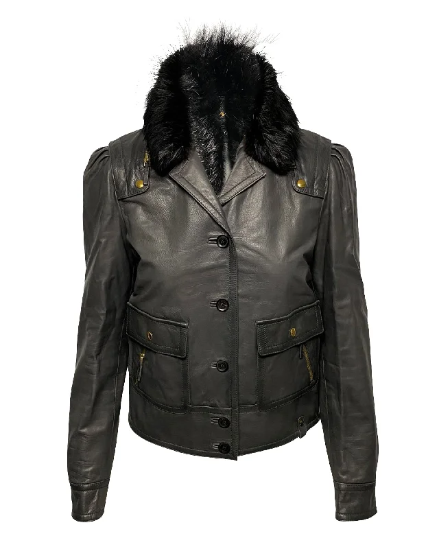 Deal of the Day Gucci Jacket with Fur Collar Detail in Black Leather