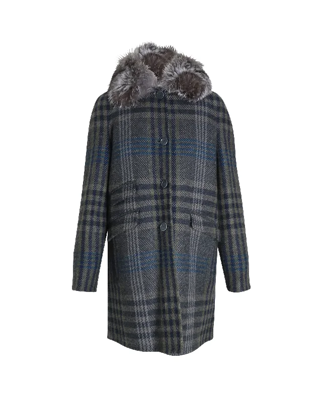 Super Sale Loro Piana Fur Collar Plaid Coat in Multicolor Cashmere