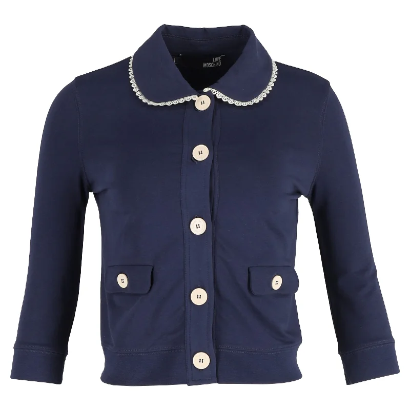 Super Savings Love Moschino Button Down Frilled-Collar Jacket in Navy Blue Cotton