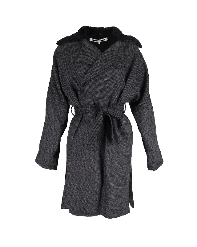 New Deals McQ Faux Fur Collar Check Kimono Wrapped Coat in Grey Wool