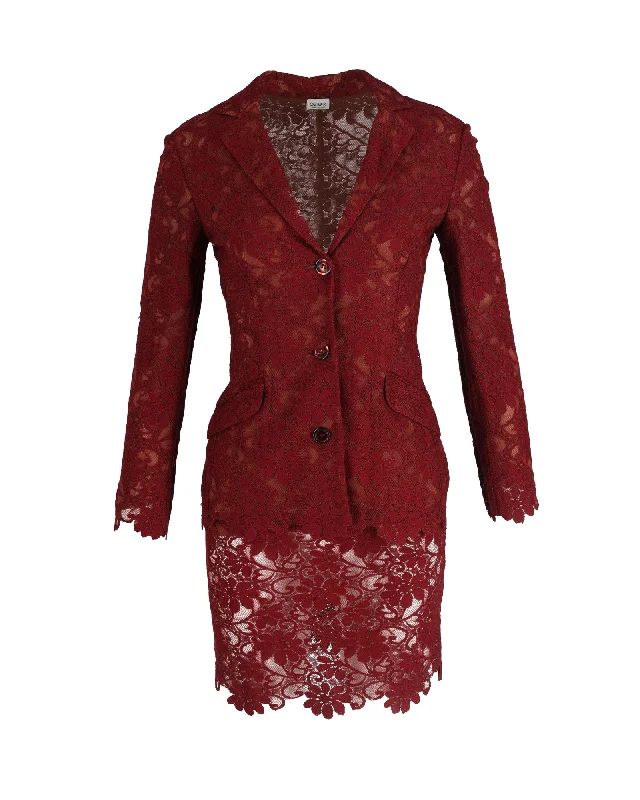 Massive Deals Ozbek Lace Tailored Blazer and Skirt Set in Burgundy Rayon