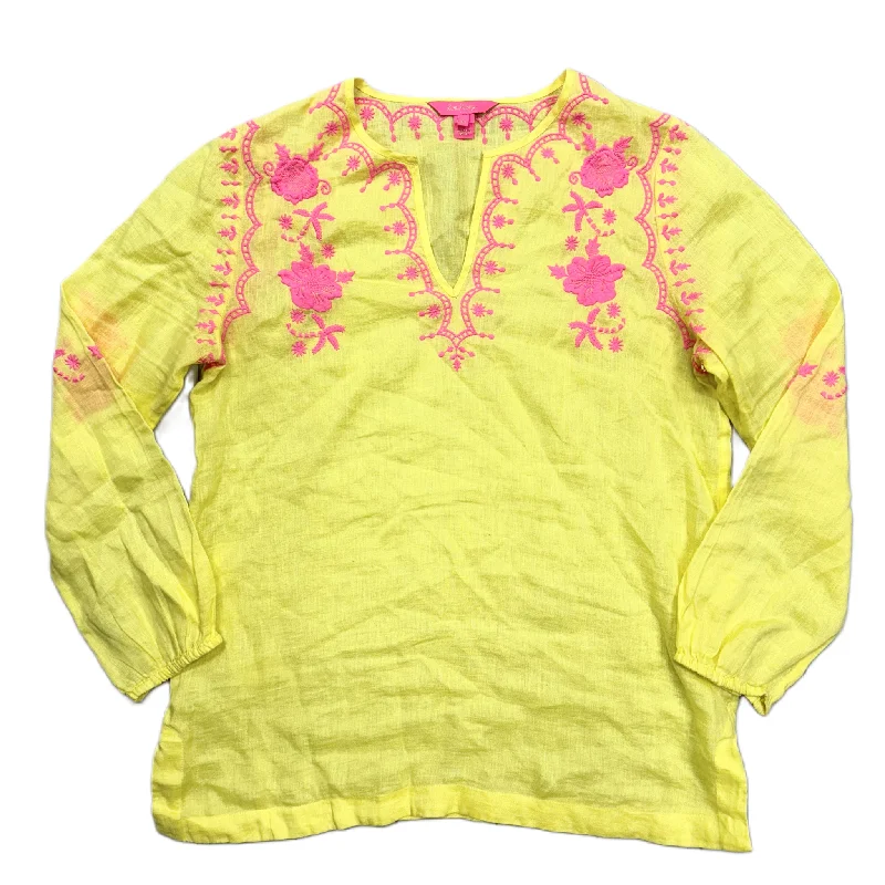 Hurry In Pink & Yellow Top 3/4 Sleeve Designer By Lilly Pulitzer, Size: M