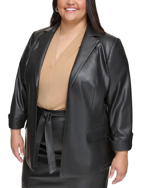 Special Savings Plus Womens Faux Leather Suit Separate Open-Front Blazer