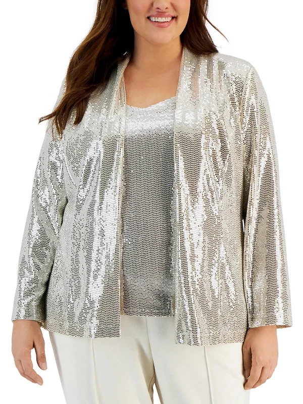 Flash Deals Plus Womens Metallic Dressy Open-Front Blazer