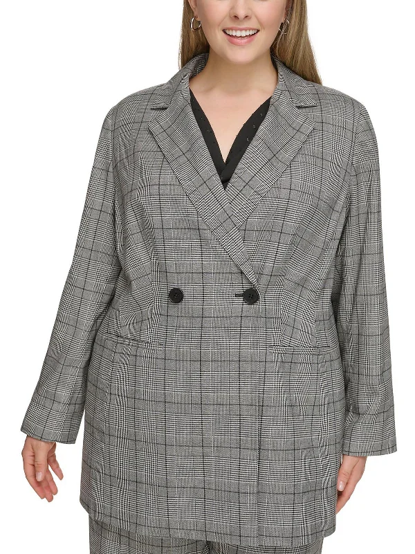 Plus Womens Plaid Wear to Work Two-Button Blazer