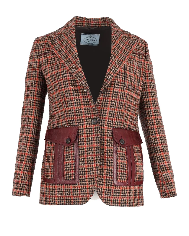 Final Markdown Prada Leather-Trimmed Checked Blazer in Brown Wool-blend Tweed