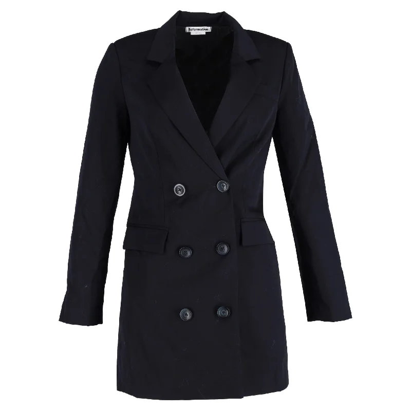 Stock Clearance Reformation Double-Breasted Blazer Dress in Navy Blue Polyester